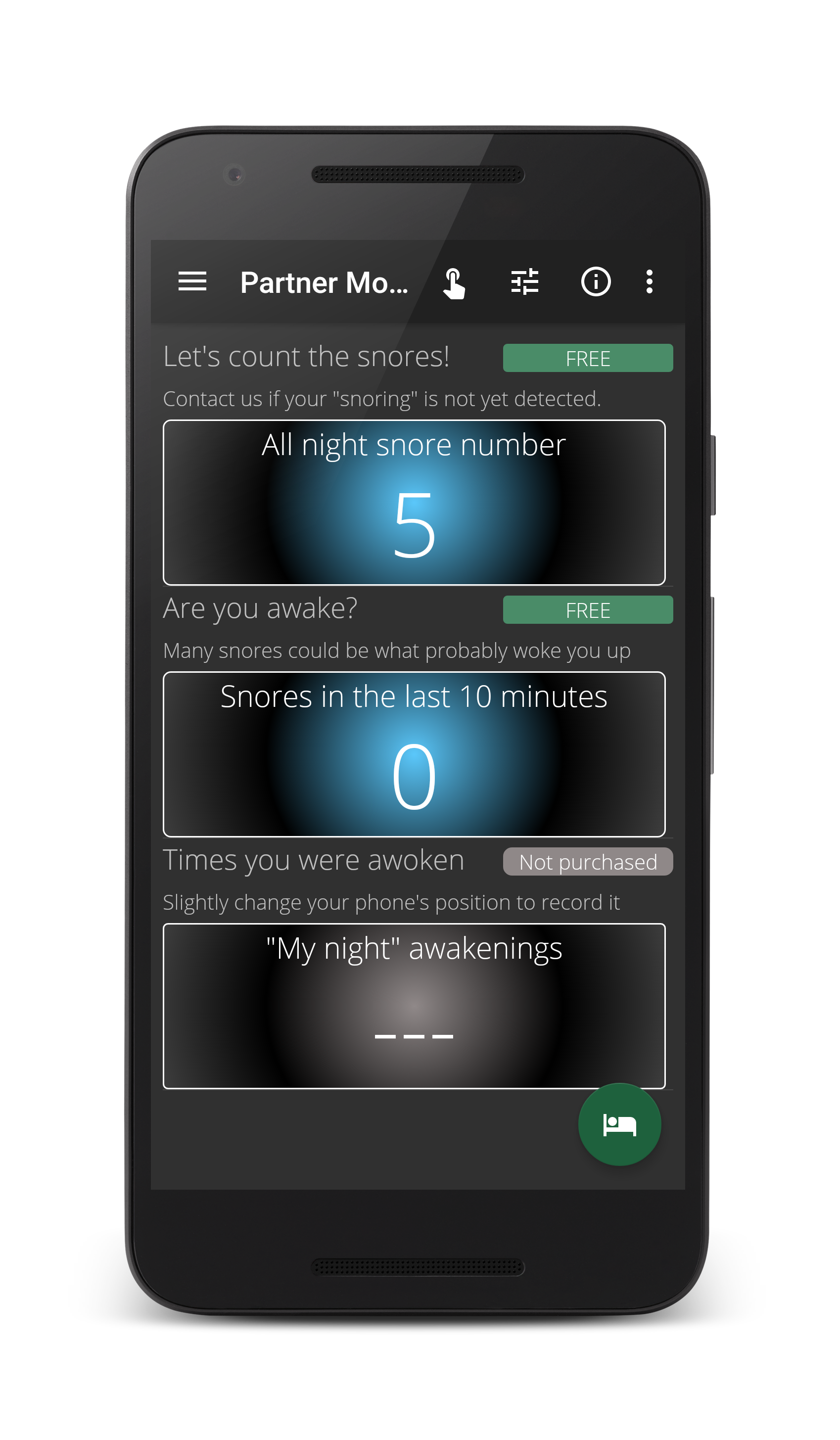 Quick facts - know the number of snores in one night and the number of them in the last periode of time defined by you - in this example the last ten minutes