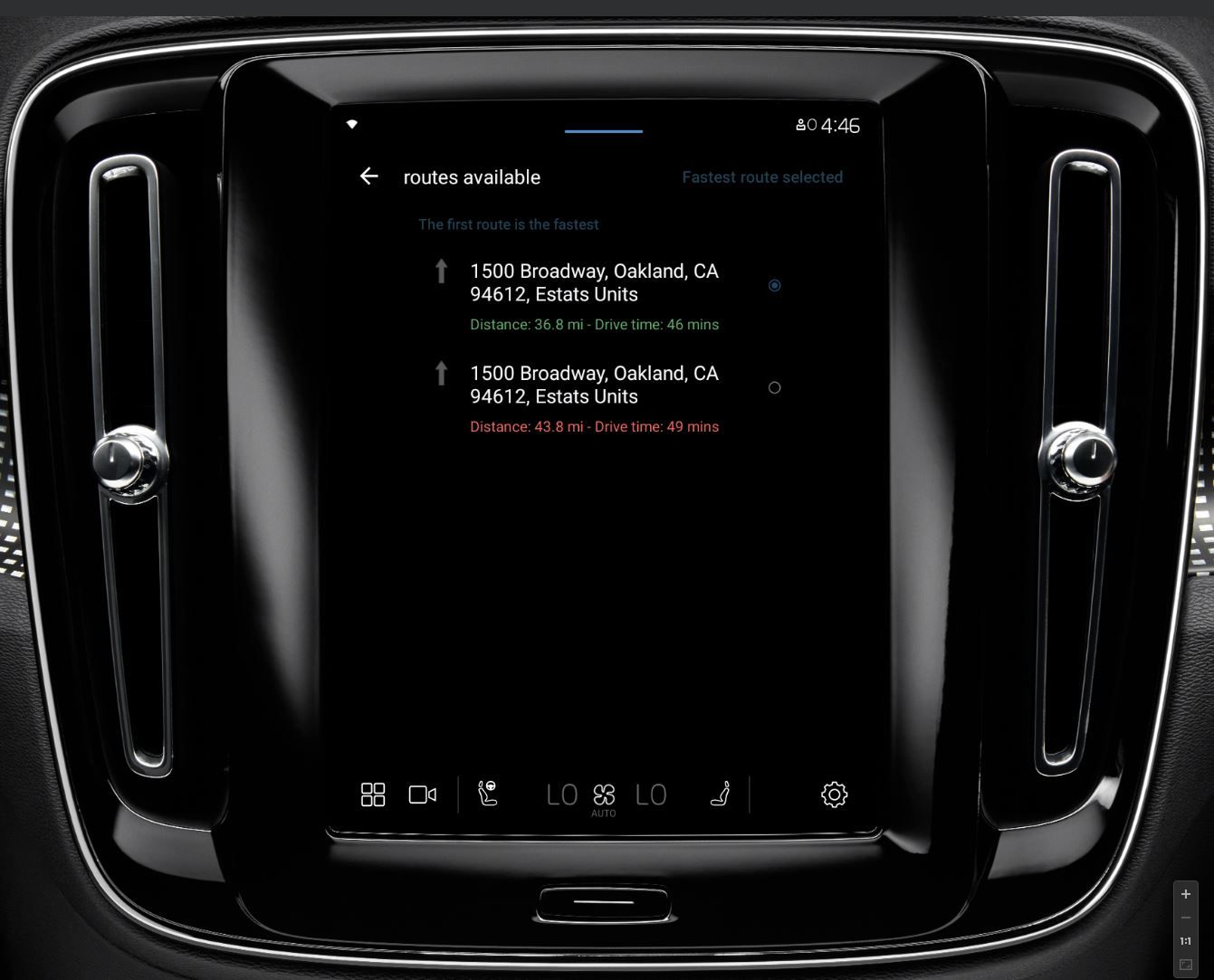 Fastest and shortest distance to the destination using the Google Diretions API on a Volvo XC40 (api 29) emulator