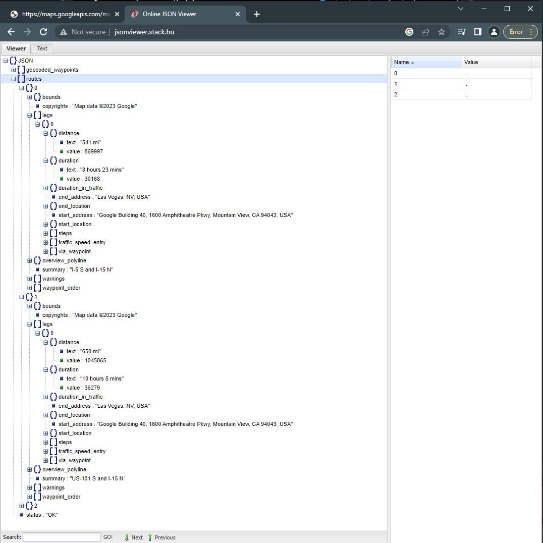 Json Viewever of Google Directions API result